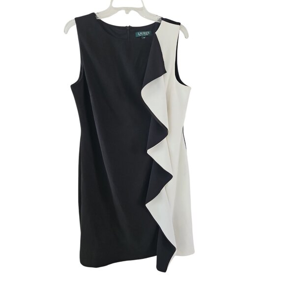Lauren Ralph Lauren Dresses & Skirts - Ralph Lauren Size 14P Black Ivory Sleeveless Ruffle Front Knee Length Dress New
